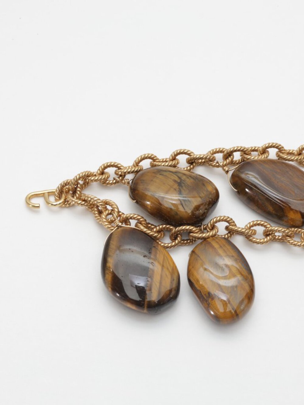 Vintage long genuine tiger's eye natural stone necklace on gold tone chain heavy - Picture 5 of 9